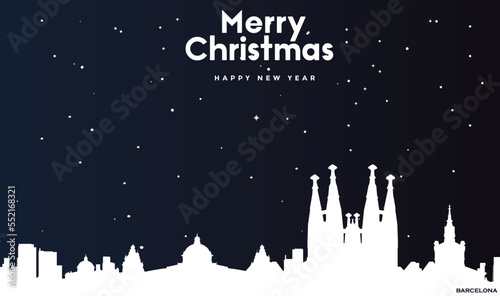 Christmas and New year dark blue greeting card with white panorama of Barcelona