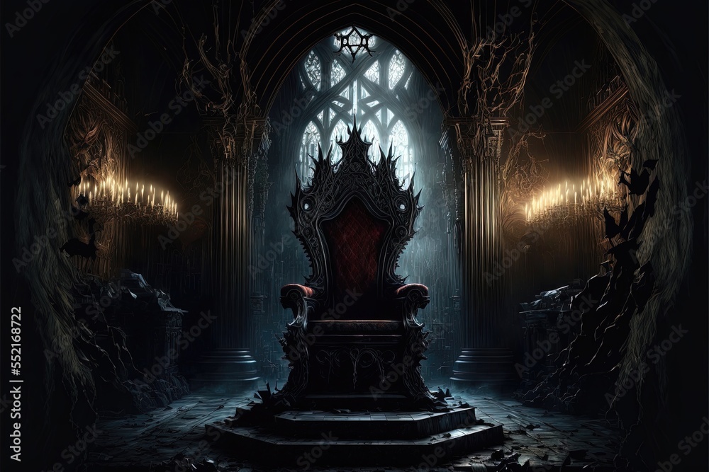 Majestic throne in the castle of darkness. AI