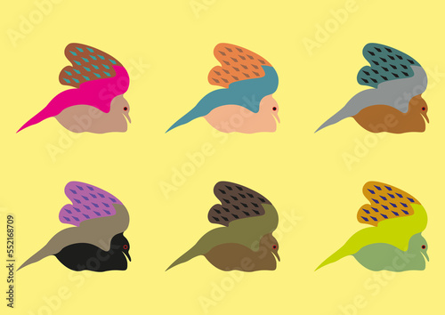 cute colorful doves with open wings. pattern with birds on yellow background. pigeons. funny design