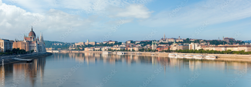 Hungarian landmark, Budapest Parliament (on the left). Morning view.