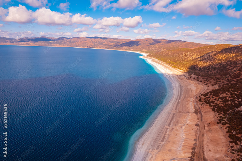 Amazing Turkey travel landscape of Salda lake with blue turquoise water, aerial view