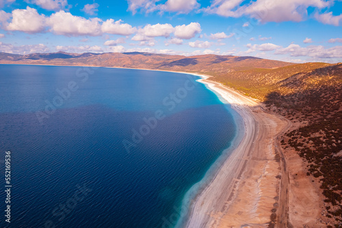 Amazing Turkey travel landscape of Salda lake with blue turquoise water, aerial view