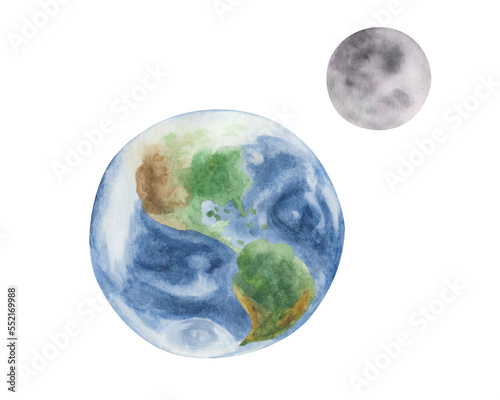 Watercolor illustration. Hand painted Earth and Moon Grey satellite. Planet with oceans, seas, mountains, continents. Outer space. Extraterrestrial object of Solar system. Earth Day banner, poster