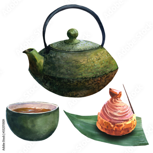 Watercolor asian tea set with dack green teapot, green cup of tea and Japan cupcakes with cherry, sweet chocolate isolate on white background.