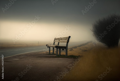 Wooden seat beside a foggy road as a representation of solitude. Generative AI