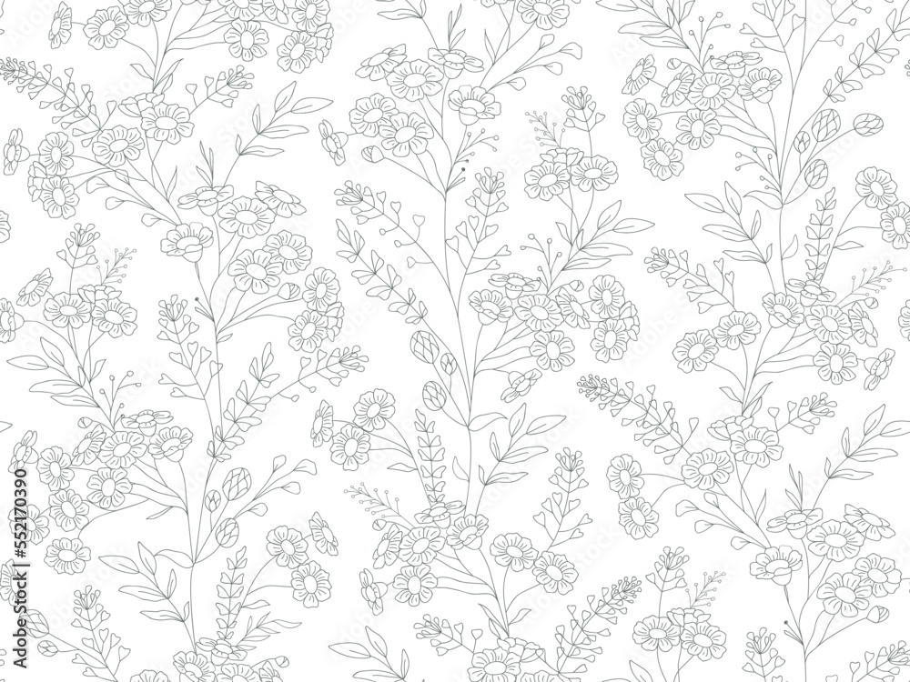 Seamless floral pattern.  Botanical clip art. Wildflowers wreath skethc.Vector line drawn leaves and flowers branches.Vector blue and white flowers.