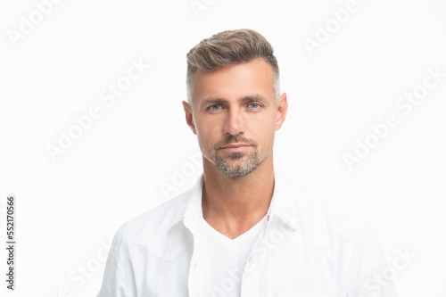 studio shot of handsome unshaven man face. mature unshaven man portrait isolated on white © be free