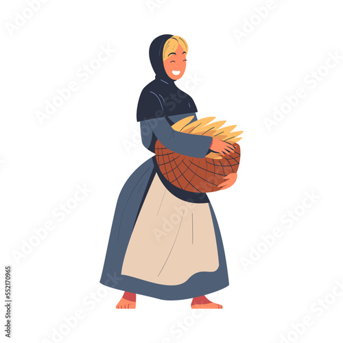 Young Female Peasant from Middle Ages Wearing Long Dress with Apron Carrying Wicker Basket Vector Illustration