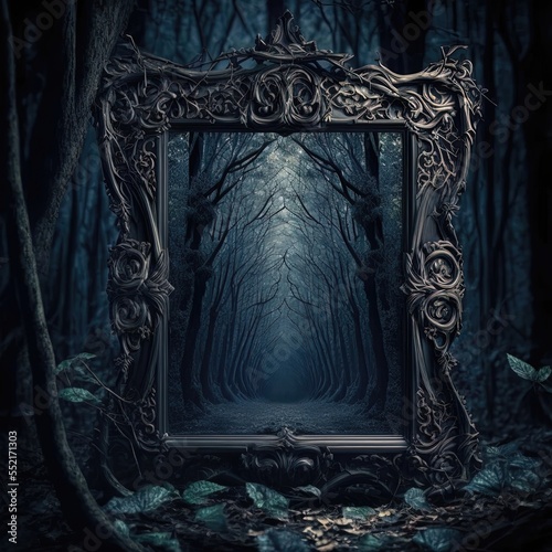 Vászonkép Mystical gothic mirror, dark gloomy background with fantasy mirror, reflection of darkness, dark forest