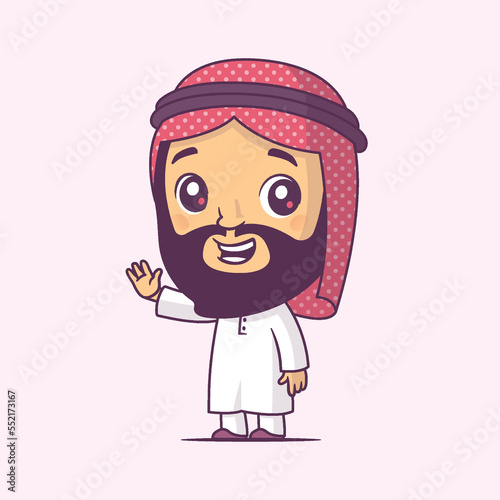 Arabic man cartoon character wearing thobe, waving hand, vector illustration