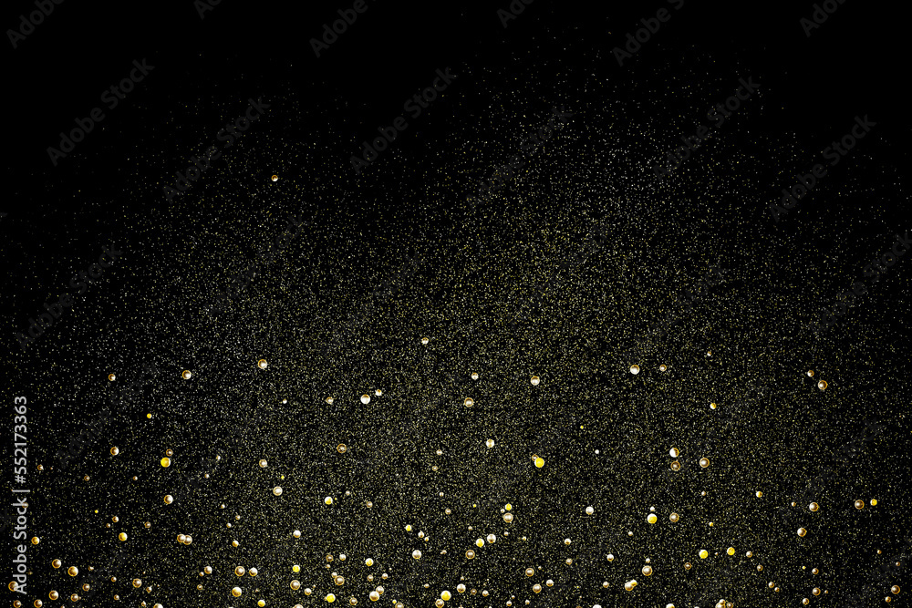 Abstract background with shining golden particles on black. 3D render illustration.