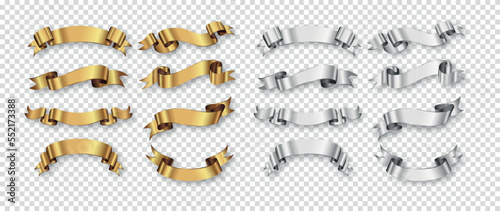 Gold and silver ribbons. Gold silver color ribbon banners vector collection. Illustration flag ribbon banner, gold silver label ribbon set. 10 EPS.