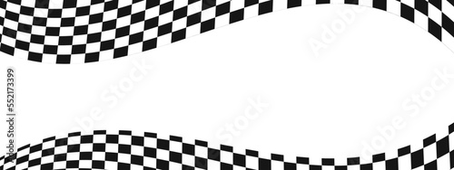 Waving race flags background. Warped black and white squares pattern with copyspace. Motocross, rally, sport car competition wallpaper. Checkered winding texture