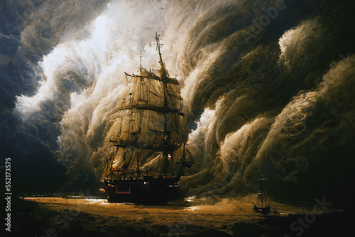 Print op canvas Tall Ship in Storm - Generative AI