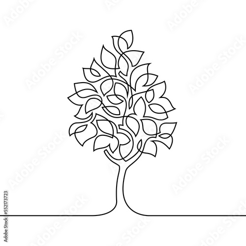 Abstract tree in continuous line art drawing style. Decorative tree with leaves black linear design isolated on white background. Vector illustration