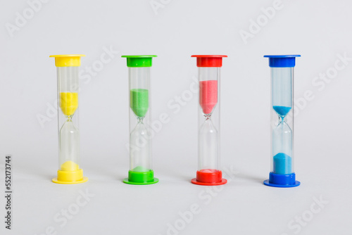 hourglass on the table, sand clock as time passing concept for business deadline, copy space