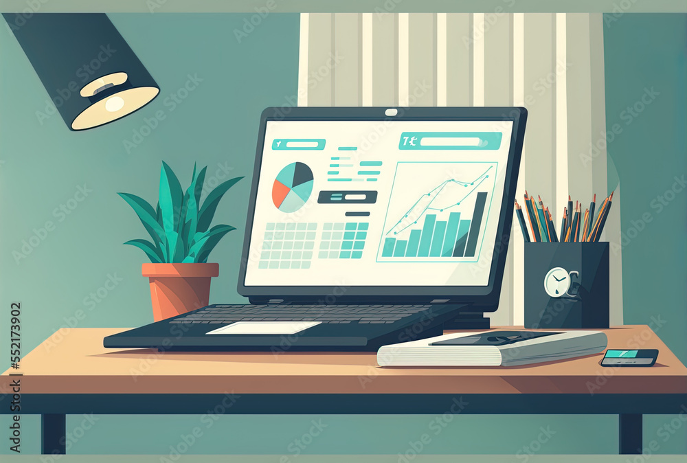 Workplace desktop computer laptop for stock finance, accounting, and financial analysis in the office. Generative AI Workplace desktop computer laptop for stock finance, accounting, and financial analysis in the office. Generative AI