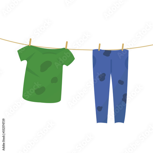 Dirty t-shirt and jeans hanging on rope and drying before the laundry. Clothes washing concept illustration.