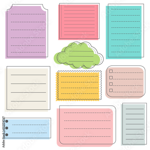 Cute blank paper notes. Stationery organizer set. Scrapbook notes and memo schedule.Printable planner stickers. To Do List sticky note pad. Digital planning element. Vector illustration.