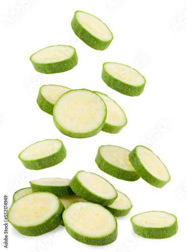 fresh green zucchini or marrow slices isolated on white background. full depth of field. clipping path