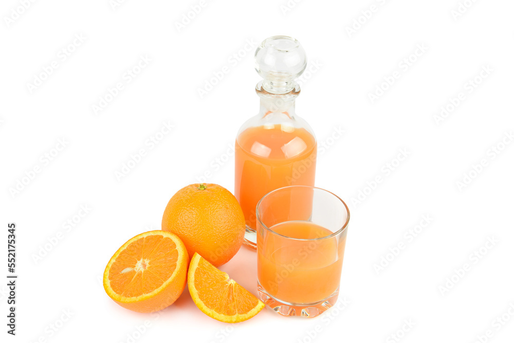 Orange juice in glass and bottle isolated on white background. Orange juice in glass and bottle isolated on white background.