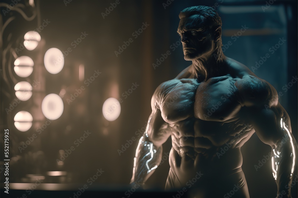A fantastic man with big muscles and lightning marks on his arms. Concept art of a superhero with paranormal powers. fantasy character. 3D hero realistic illustration. Generative ai