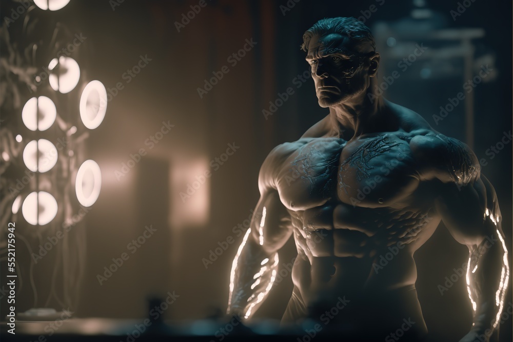A fantastic man with big muscles and lightning marks on his arms. Concept art of a superhero with paranormal powers. fantasy character. 3D hero realistic illustration. Generative ai