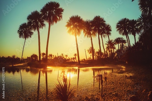 Illustration of a beach with a beginning sunset and a golden hue, palm trees, sea, sand, ai generative illustration