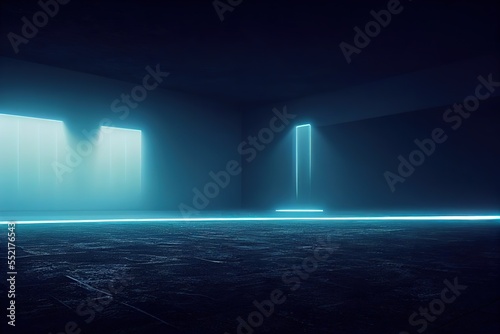 The room is in cold blue colors with neon lines. Dark empty blue room. Studio with neon light. 3d illustration. Generative ai