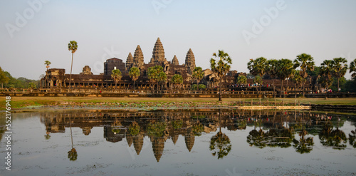 Panoramic scenery of angkor wat complex reflected on lake. Campodia Asia