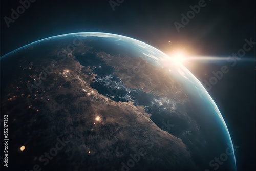 Earth globe view from space, realistic planet with shine. Sun and Earth. Space planet illustration. 3D digital artwork illustration. Generative AI