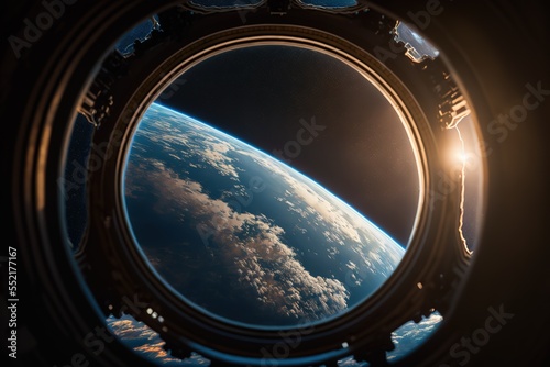 Breathtaking view of the Planet Earth from space station porthole. Earth globe view from space, realistic planet with shine. Space planet illustration. 3D digital artwork illustration. Generative AI