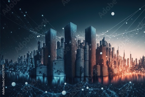 3D illustration of a big city with glowing lines. Smart city illustration. IoT concept and full coverage of the city. Smart city connection technology. Generative AI