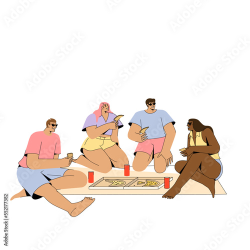 Friends gathering for a summer picnic in nature. Happy friends relaxing with food on a blanket outdoors. 