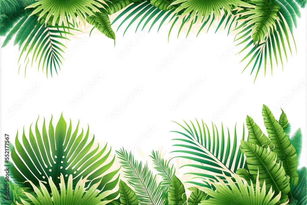 Exotic tropical natural green leaves illustration composition on white background. Exotic pattern with tropical leaves. Generative AI	