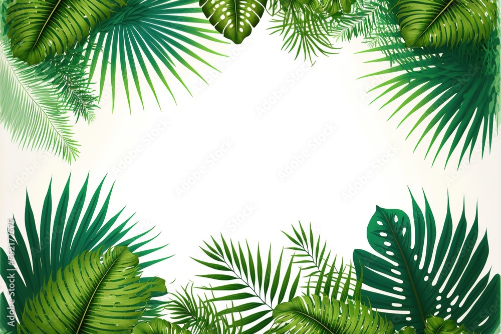 Exotic tropical natural green leaves illustration composition on white background. Exotic pattern with tropical leaves. Generative AI