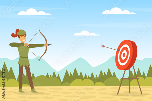 Medieval Life Scene with Man Archer in Green Feathered Hat Shooting with Bow and Arrow Vector Illustration
