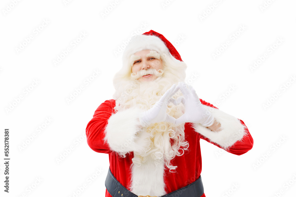Santa Claus folded a heart from his hands on a white background Christmas. Santa Claus folded a heart from his hands on a white background Christmas.