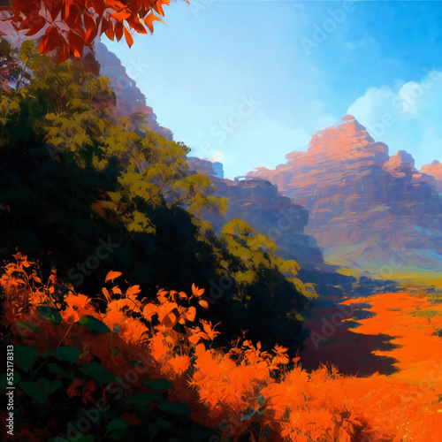 a painting of a landscape with trees and mountains in the background, made with generative ai