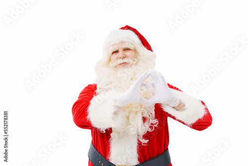 Santa Claus folded a heart from his hands on a white background Christmas.