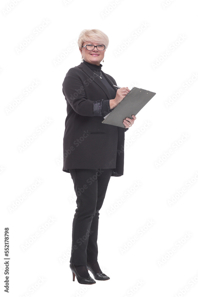 in full growth. Executive business woman with clipboard in full growth. Executive business woman with clipboard