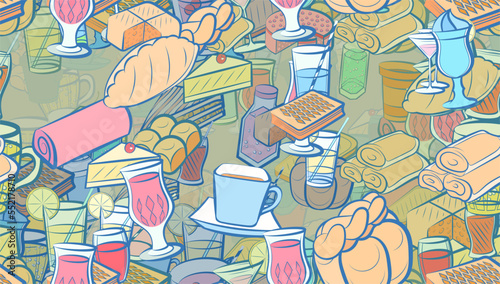 Background pattern abstract design texture. Seamless. Bakery products and Drinks. Theme is about hot drink, cola, cake, cherry, wineglass, a sandwich, ice cream, cherries, dissected, divided