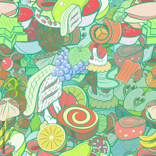 Background pattern abstract design texture. Seamless. Snacks and Fruits. Theme is about vitamins, wrapped up, bacon, cucumber, couple, caviar, mini cake, snack, twisted, round grapes, cucumber roll