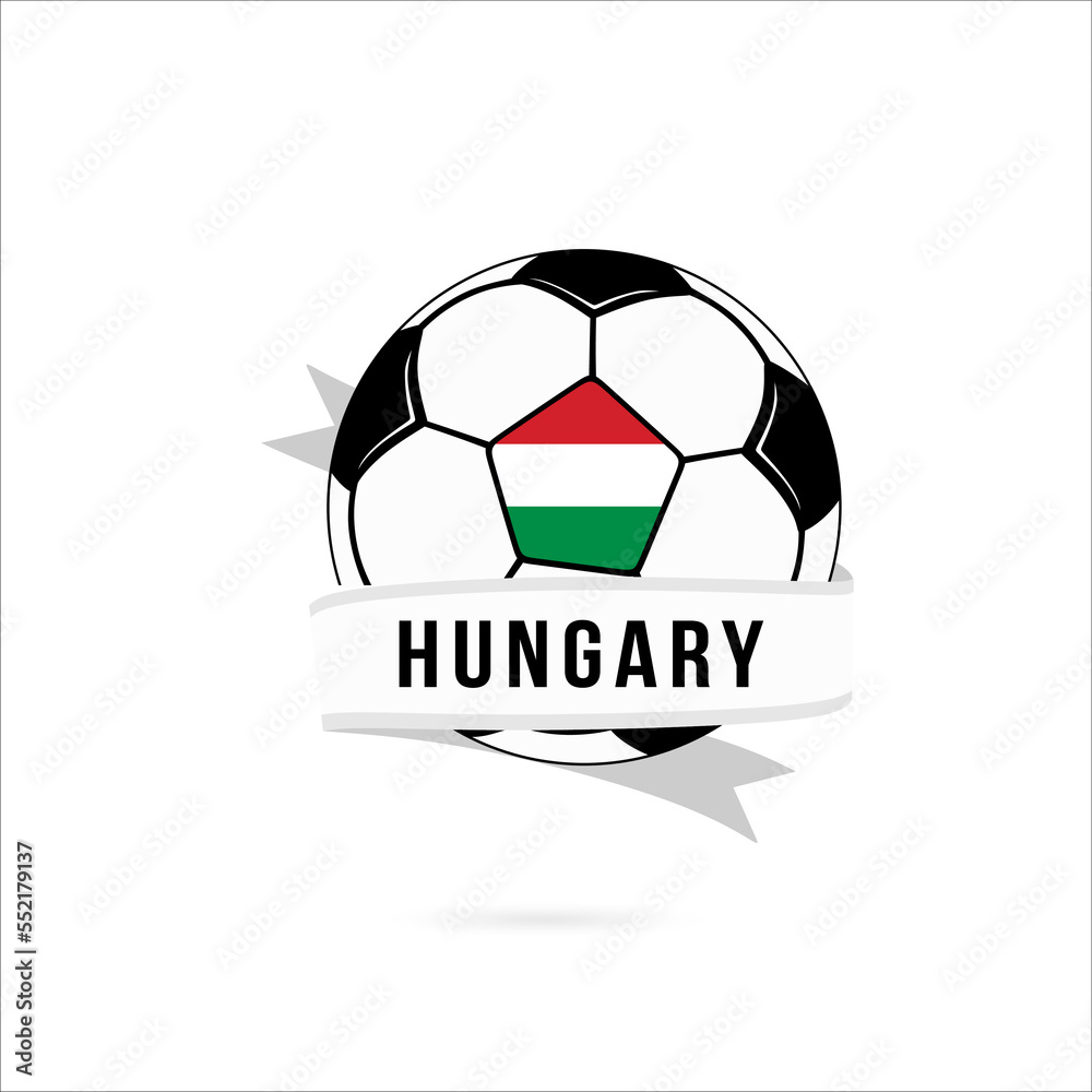 Obraz premium Soccer ball minimal design with Hungary flag. Flag of Hungary in a soccer ball with the text Hungary on the ribbon. Vector illustration eps10