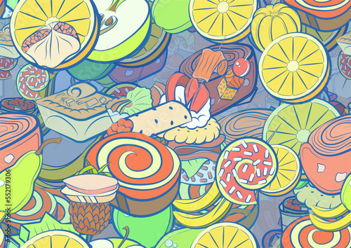 Background pattern abstract design texture. Seamless. Fruits and Snacks. Theme is about filling, pieces, rice, incision, satiety, pear, twisted filling, grapes, star, wand, pineapple, salad