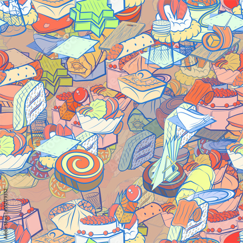 Background pattern abstract design texture. Seamless. Table setting and Snacks. Theme is about folded, wand, wrapped up, cutting board, fork, board, table set, spoon, topping, napkins, biscuit