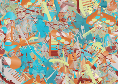 Background pattern abstract design texture. Seamless. Theme is about claw, Barber pole, clip, dressing, cosmetology, razor blade, cosmetics, beauty, pomatum, tones, slip, embellishment, shaving