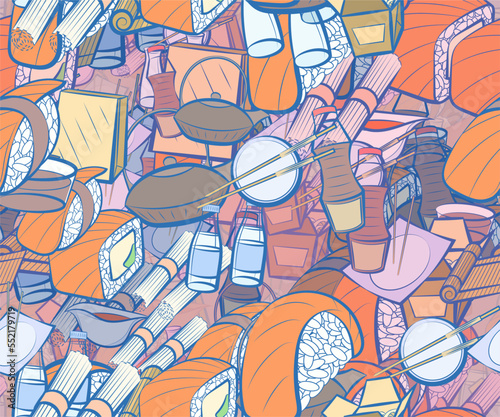 Background pattern abstract design texture. Seamless. Japanese food. Theme is about soy sauce, water bottles, tea, delivery, food sticks, sauce bottle, bottles, kyusu, sushi, bamboo mat