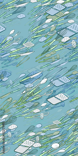 Background pattern abstract design texture. Seamless. Cutlery. Theme is about , spoon, scoop, scooped, masher, ladle, Potato Maker, kitchen knife, whisk, holes, potato peeler, meat fork