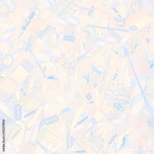 Background pattern abstract design texture. Seamless. Pastel. Theme is about comb, pomatum, cosmetics, salon, hair care, brush, pomade, powder, Barber pole, barbershop, straight razor